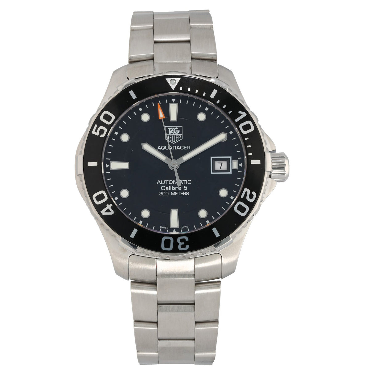 Tag Heuer Aquaracer WAN2110, black dialed Swiss watch on a stainless steel bracelet and case, front image