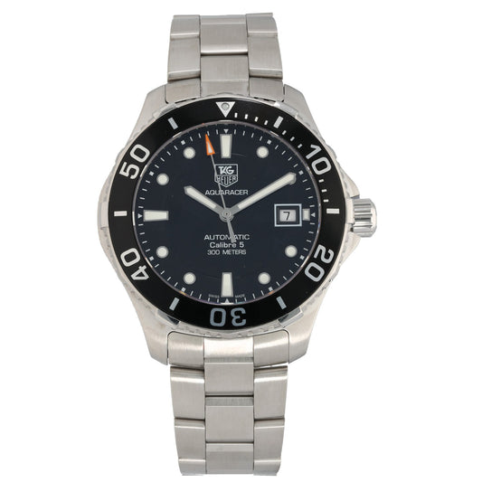 Tag Heuer Aquaracer WAN2110, black dialed Swiss watch on a stainless steel bracelet and case, front image