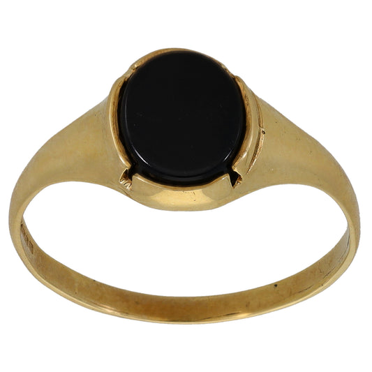 Gold onyx ring with round black stone in bezel mount and wide band