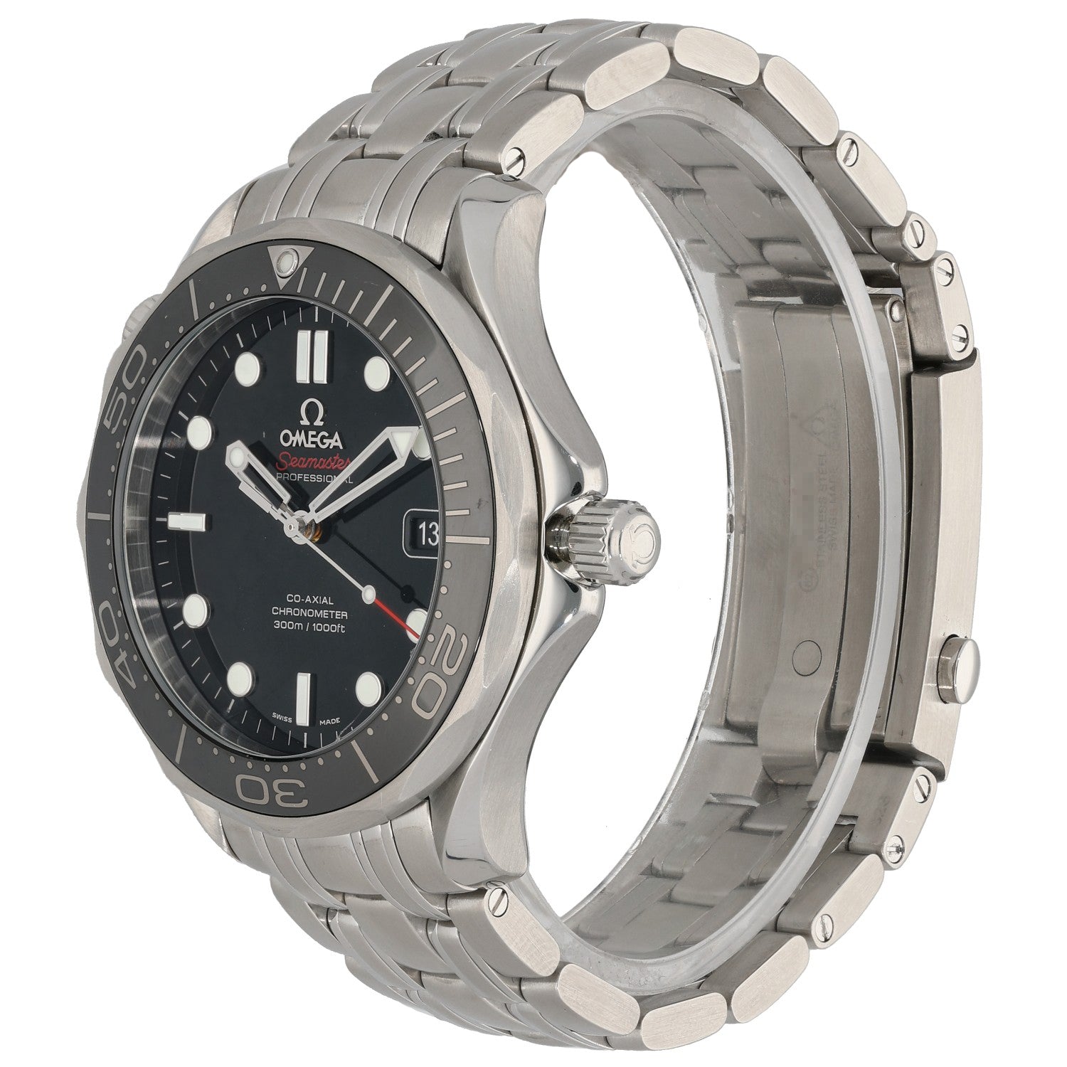 Stainless steel Omega Seamaster 212.30.41.20.01.003 watch, side view with dark dial and crown
