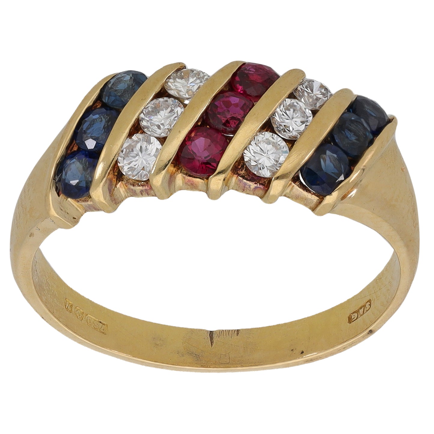 18ct Gold Ruby & Sapphire & 0.24ct Diamond Dress/Cocktail Ring Size N