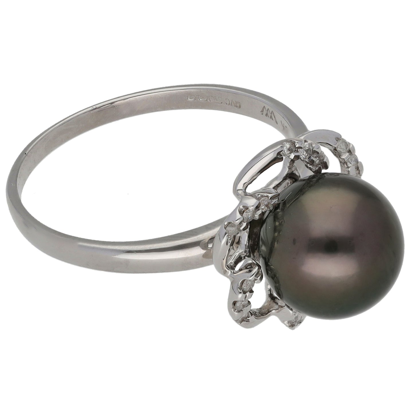 18ct White Gold Cultured Pearl & 0.09ct Diamond Dress/Cocktail Ring Size R