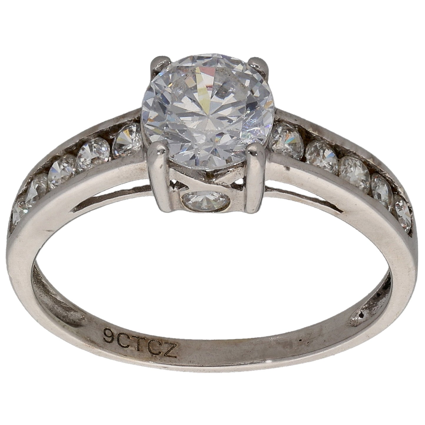 9ct White Gold Cubic Zirconia Single Stone Ring with Accent Stones Size L