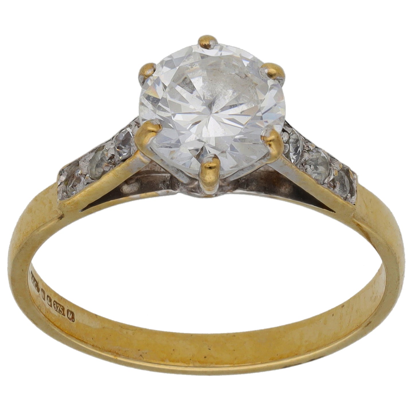 9ct Gold Cubic Zirconia Single Stone Ring with Accent Stones Size O