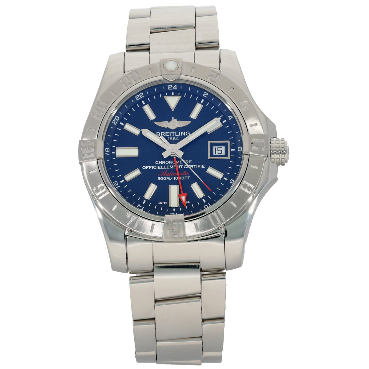 Breitling Avenger II A32390 stainless steel watch with blue dial and metal bracelet