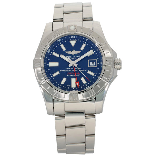 Breitling Avenger II A32390 stainless steel watch with blue dial and metal bracelet