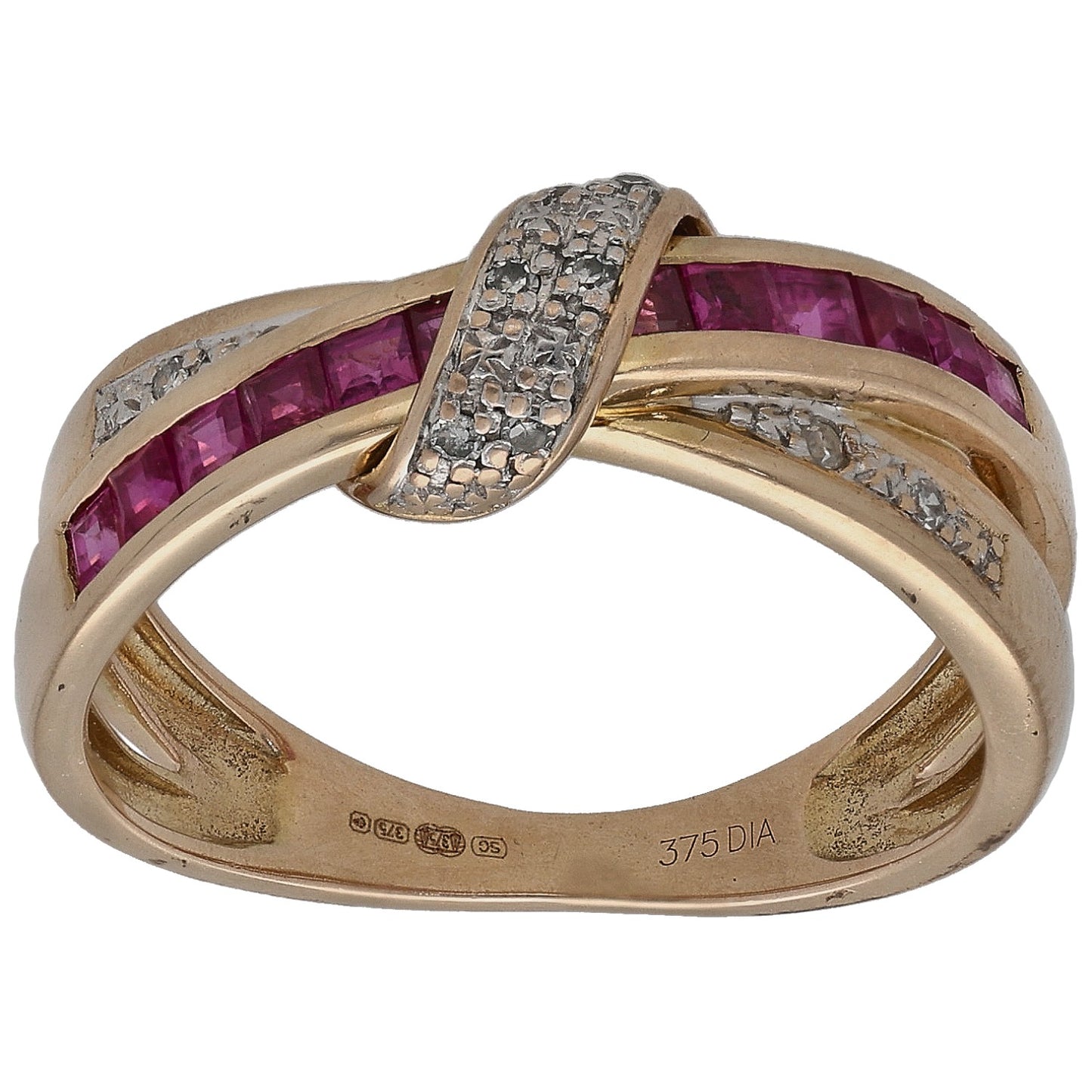 9ct gold half eternity ring with ruby and diamond accents