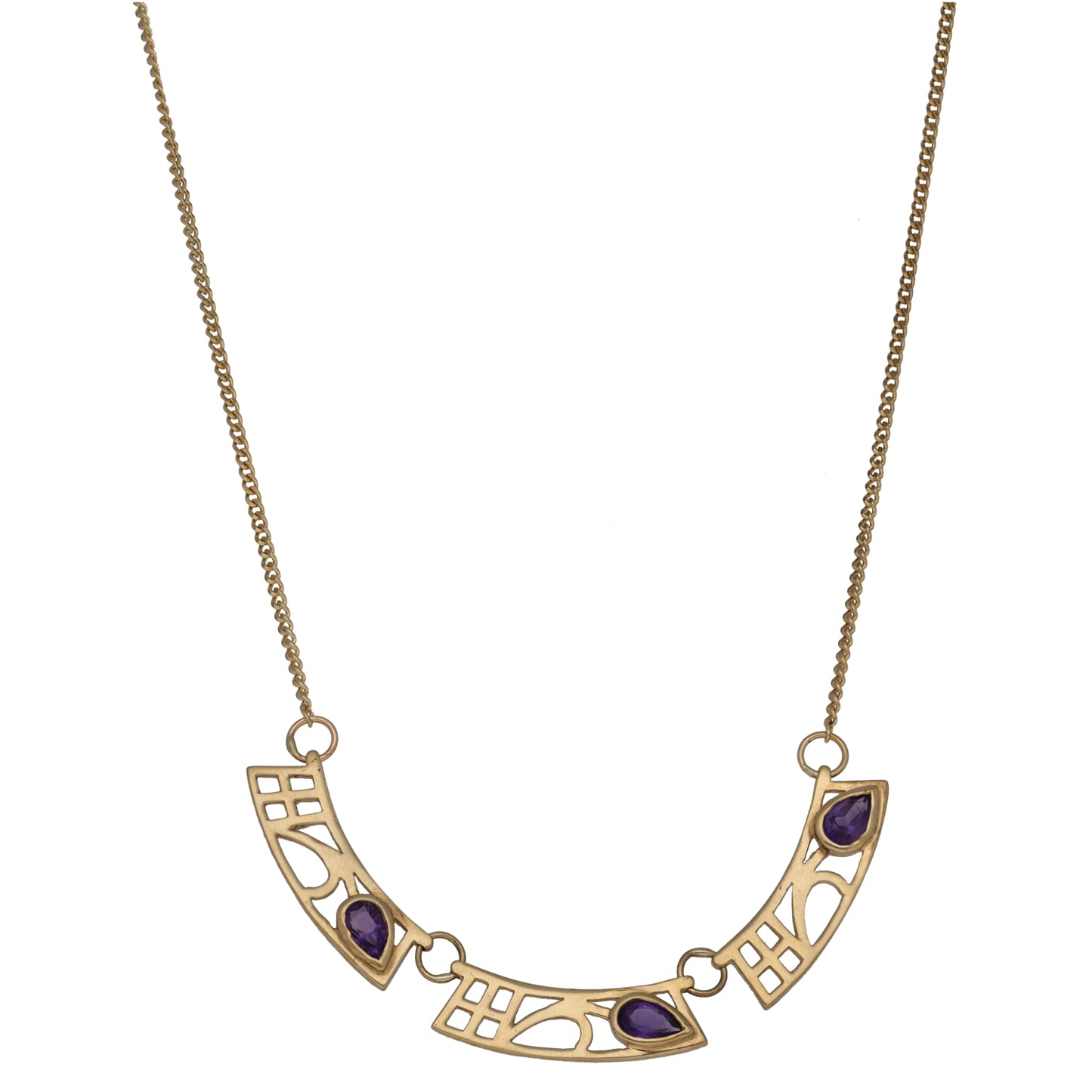 Gold amethyst fancy necklace with curved lattice pendant links and purple stones