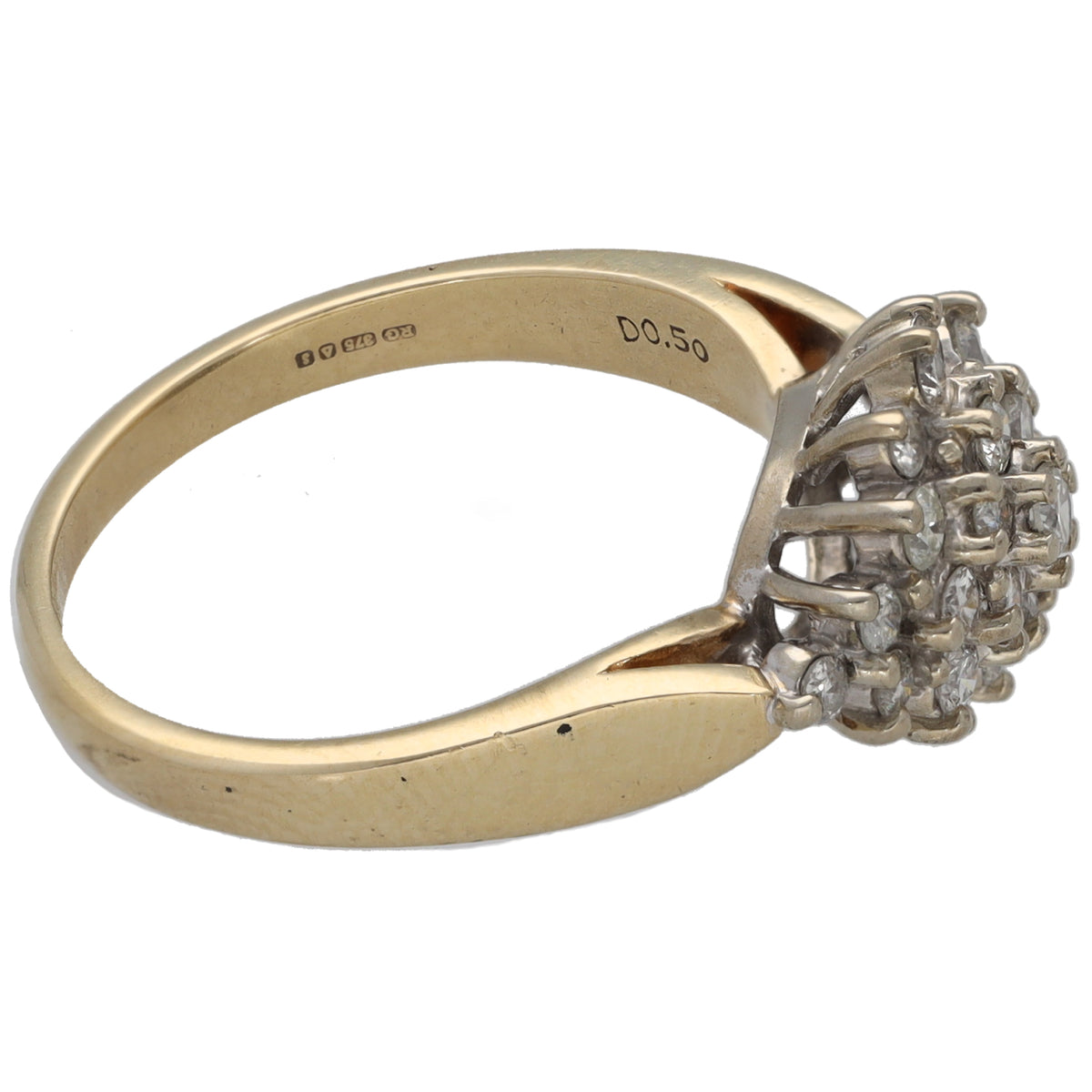 Gold band with round diamond cluster setting on side, hallmarks on inner shank
