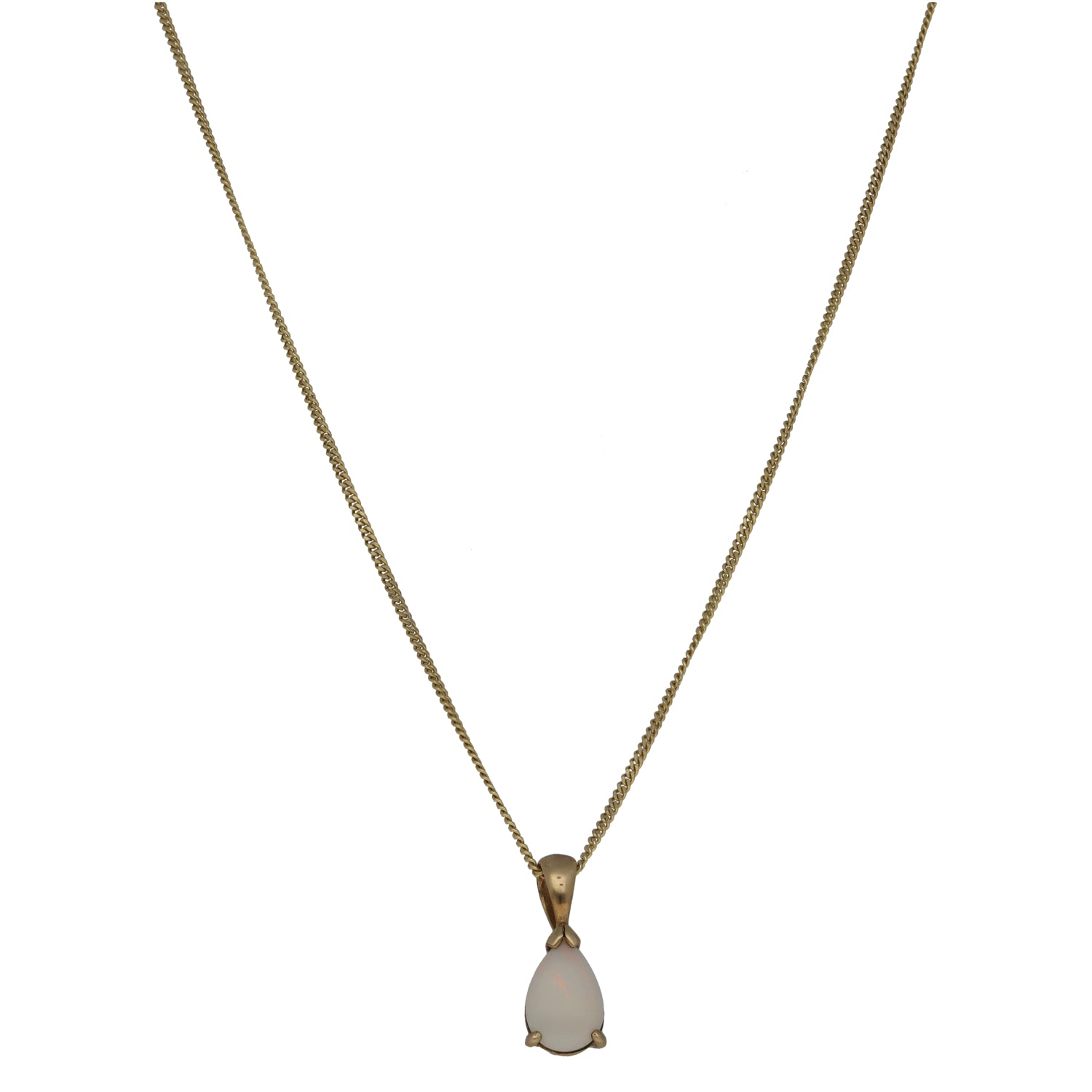 9ct gold opal single-stone pendant on fine chain, teardrop opal centerpiece