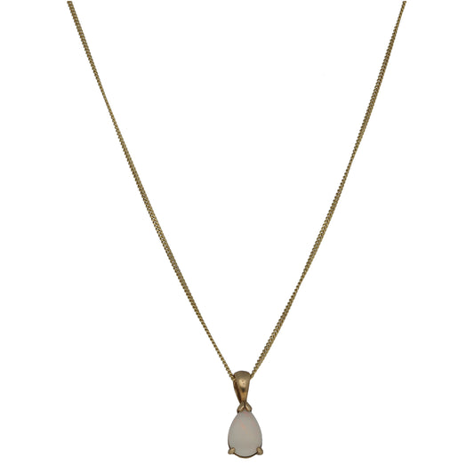 9ct gold opal single-stone pendant on fine chain, teardrop opal centerpiece
