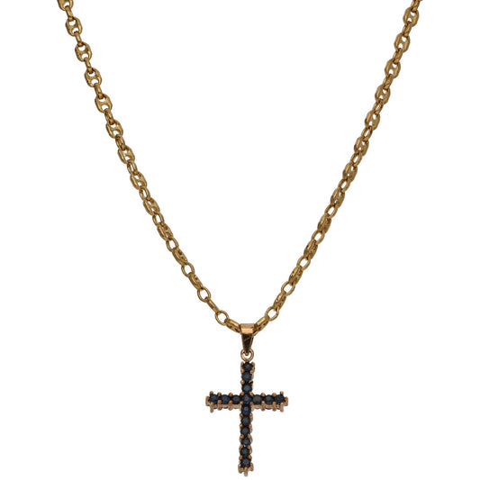 9ct Gold Sapphire & Ruby Cross Pendant With Chain