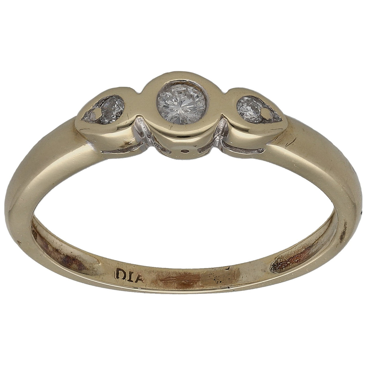9ct yellow gold three-stone diamond ring with round center and side diamonds