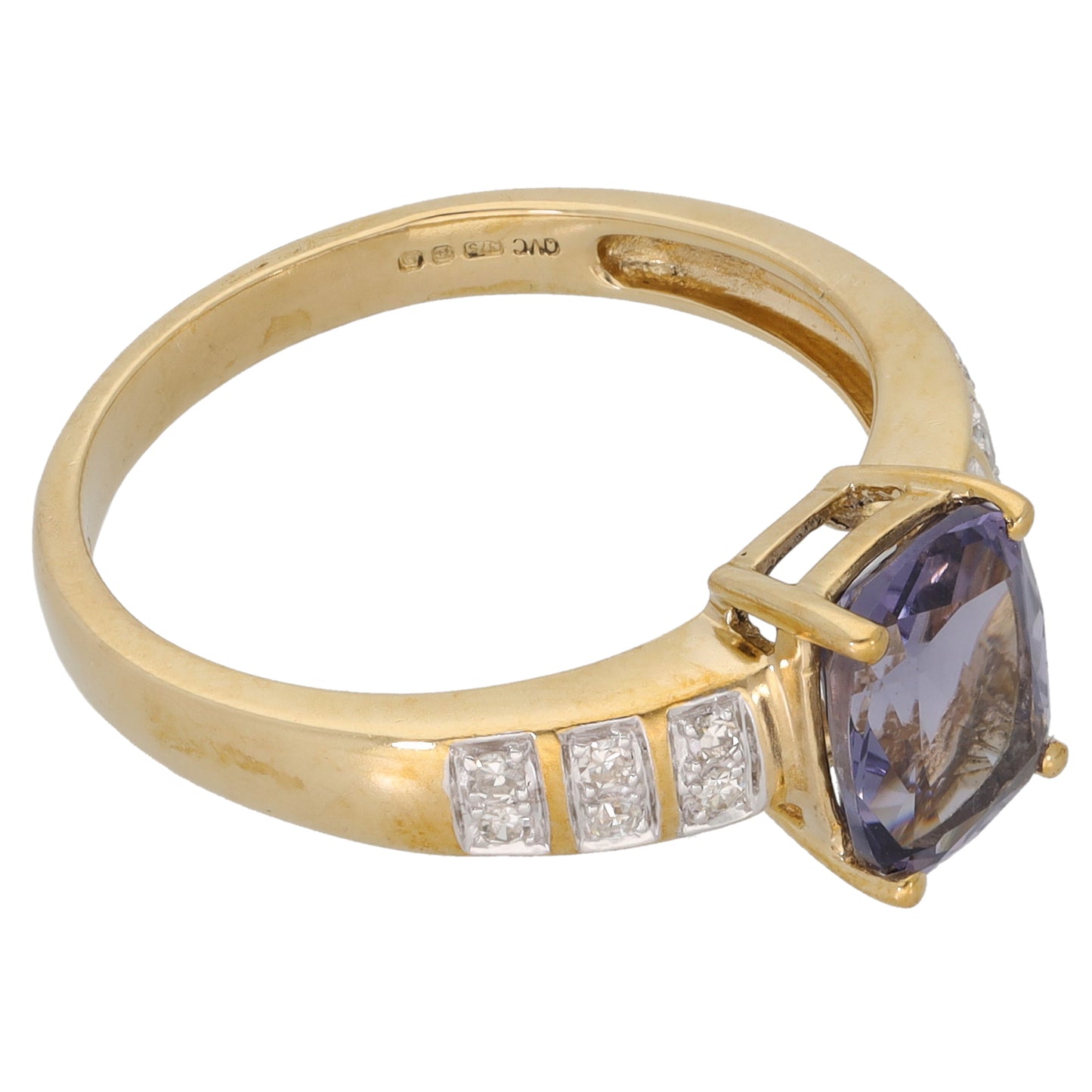9ct Gold Iolite & 0.12ct Diamond Single Stone Ring with Accent Stones Size S