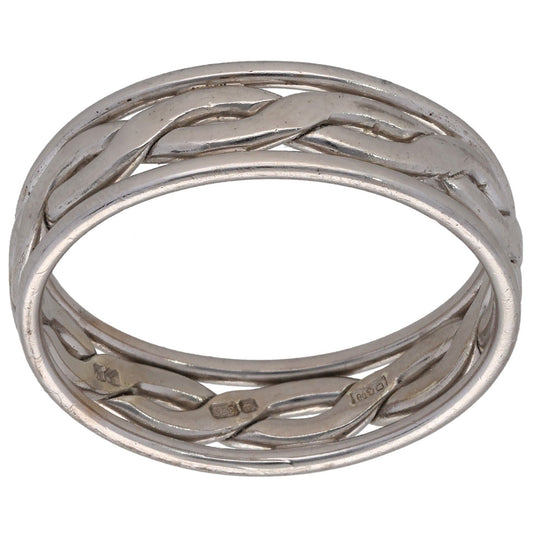 White gold patterned wedding ring with braided twist design, smooth inner band