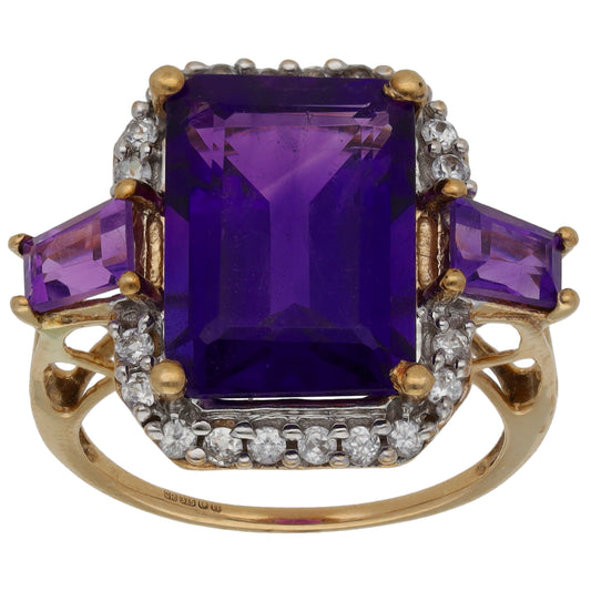 9ct Gold Amethyst & Cubic Zirconia Dress/Cocktail Ring Size N