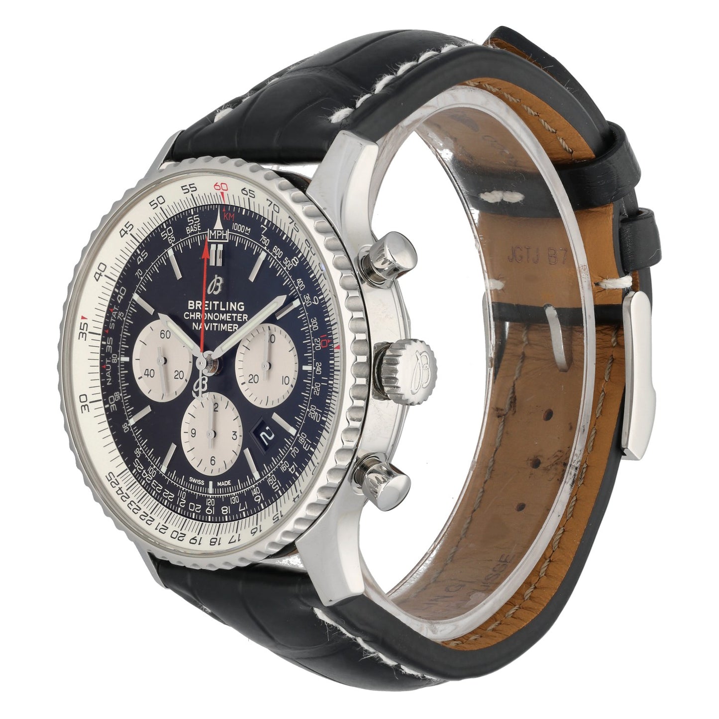 Breitling Navitimer B01 AB0127 Stainless steel watch side profile with dark blue dial and black leather strap