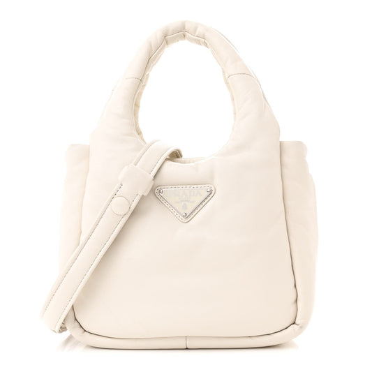 Prada Soft Padded Small Double Handled Shoulder Nappa Leather Bag - White