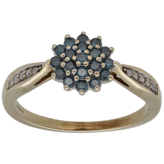 9ct gold round diamond cluster ring with diamond shoulders