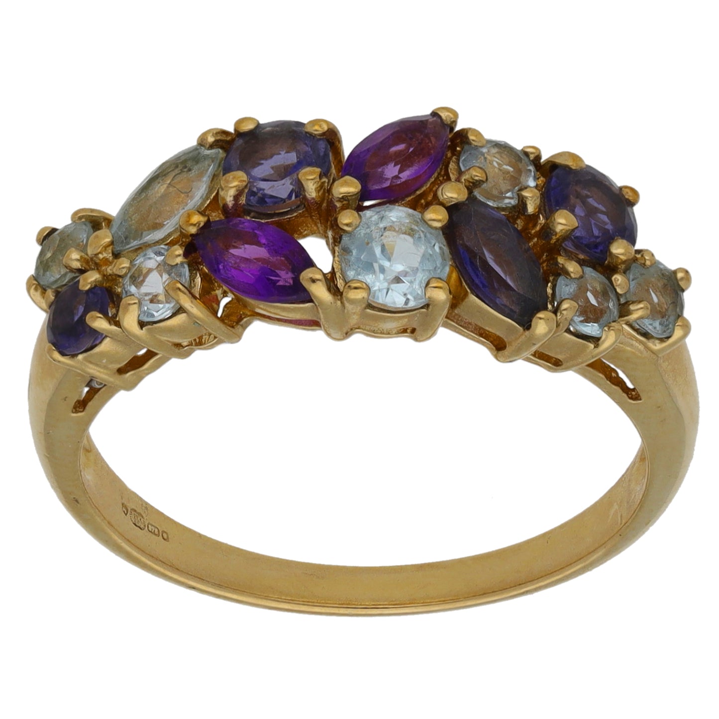 9ct Gold Amethyst, Iolite, Tanzanite & Topaz Half Eternity Ring Size Q