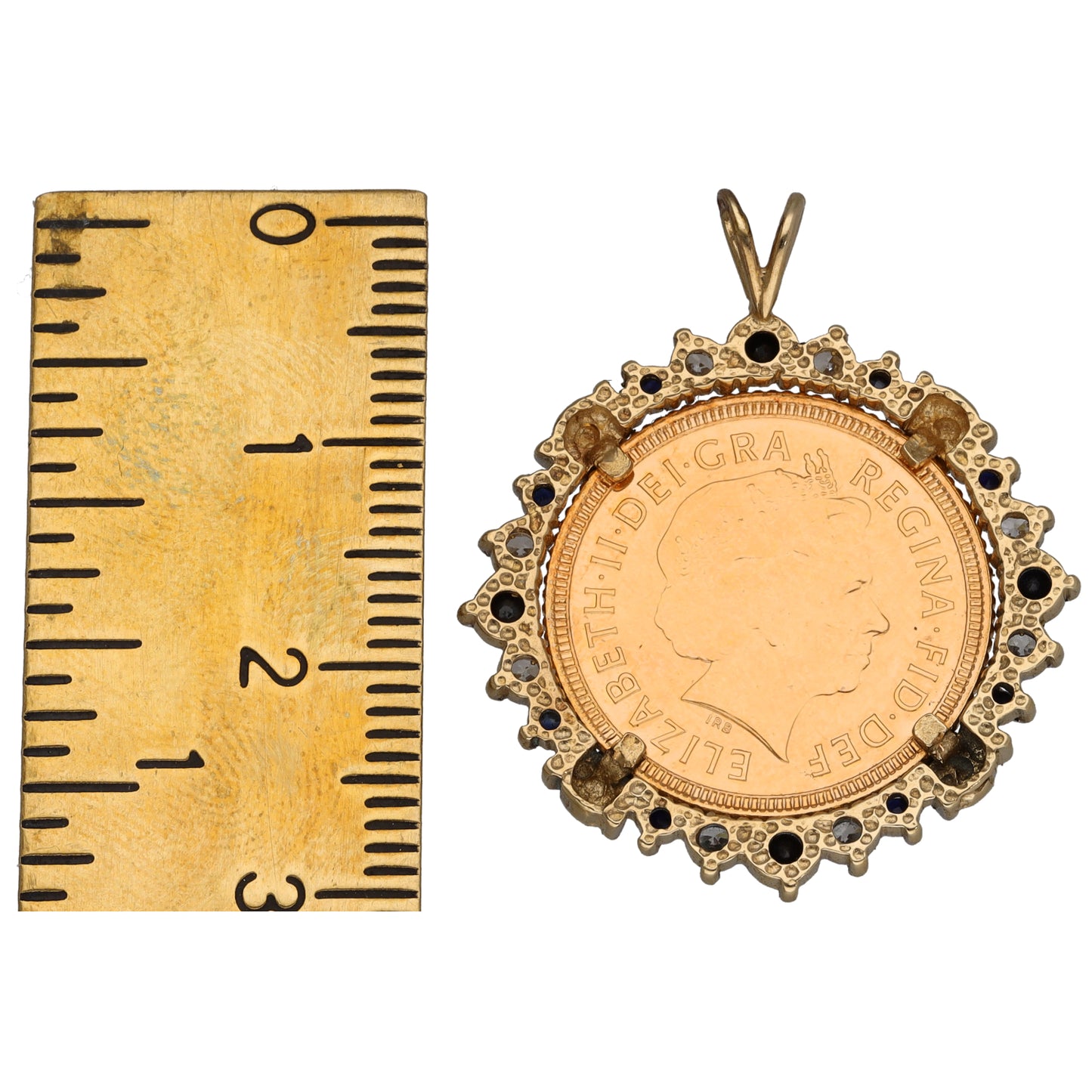 9ct Gold Cubic Zirconia & Sapphire Half Sovereign Coin Pendant