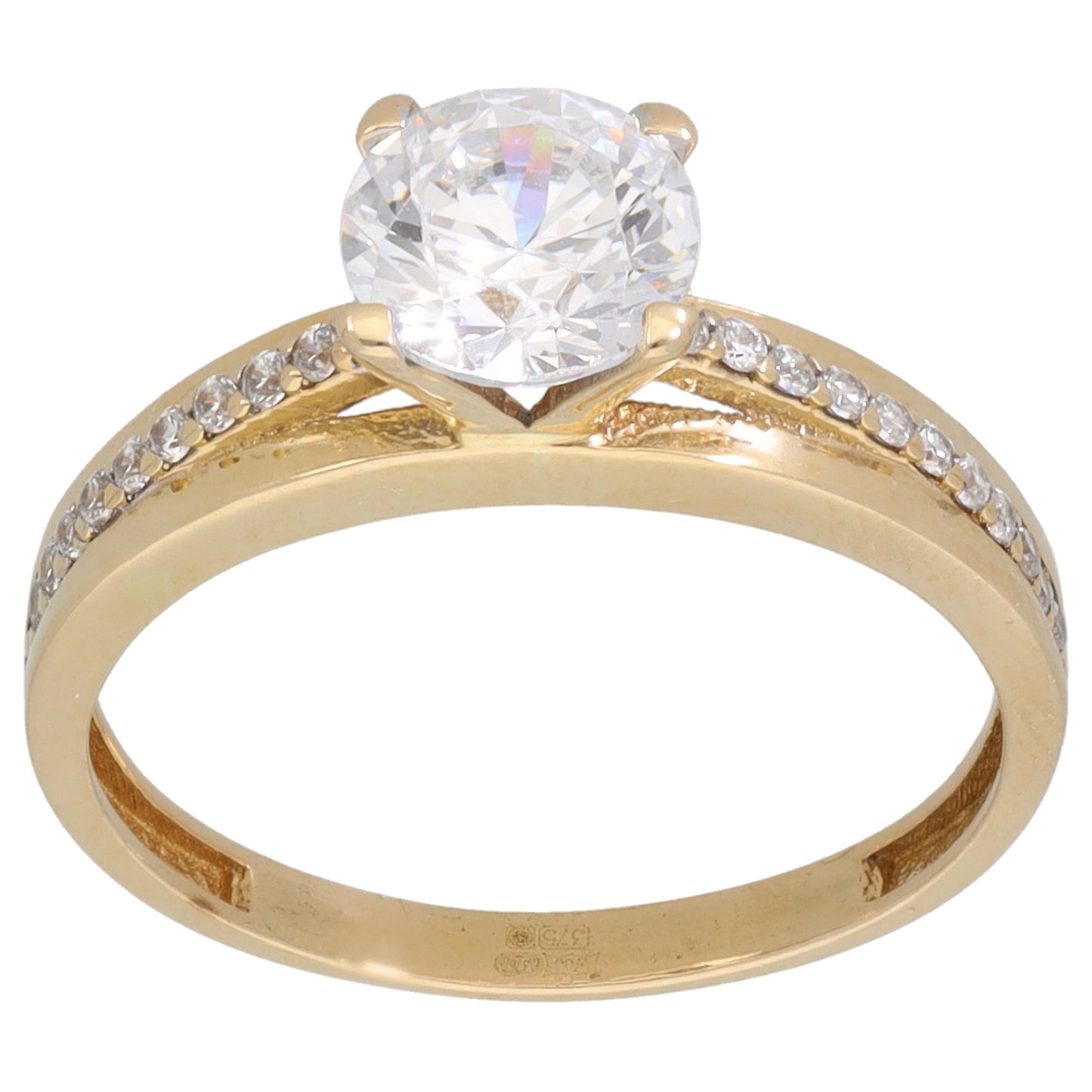 9ct Gold Cubic Zirconia Single Stone Ring with Accent Stones Size M