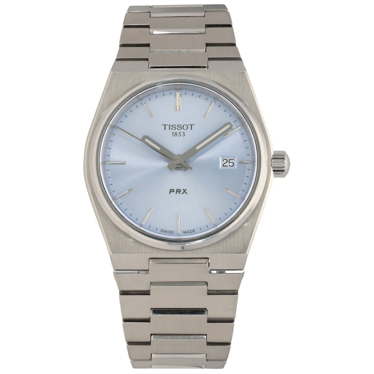 Tissot PRX T137210A, light blue dial, with a stainless steel case and bracelet, front facing image