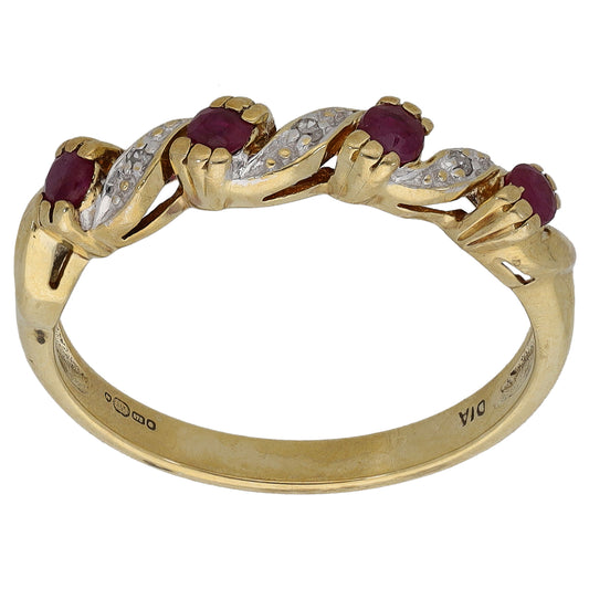 9ct Bi-Colour Gold Ruby & 0.015ct Diamond Half Eternity Ring Size M