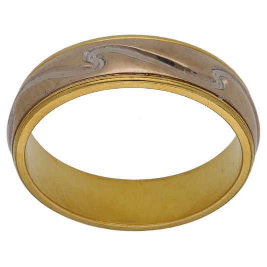 18ct Bi-Colour Gold Patterned Wedding Ring Size L