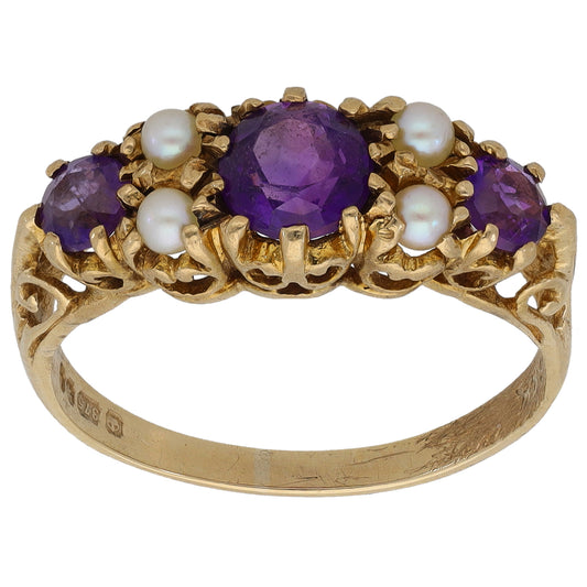 9ct Gold Amethyst & Cultured Pearl Dress/Cocktail Ring Size P