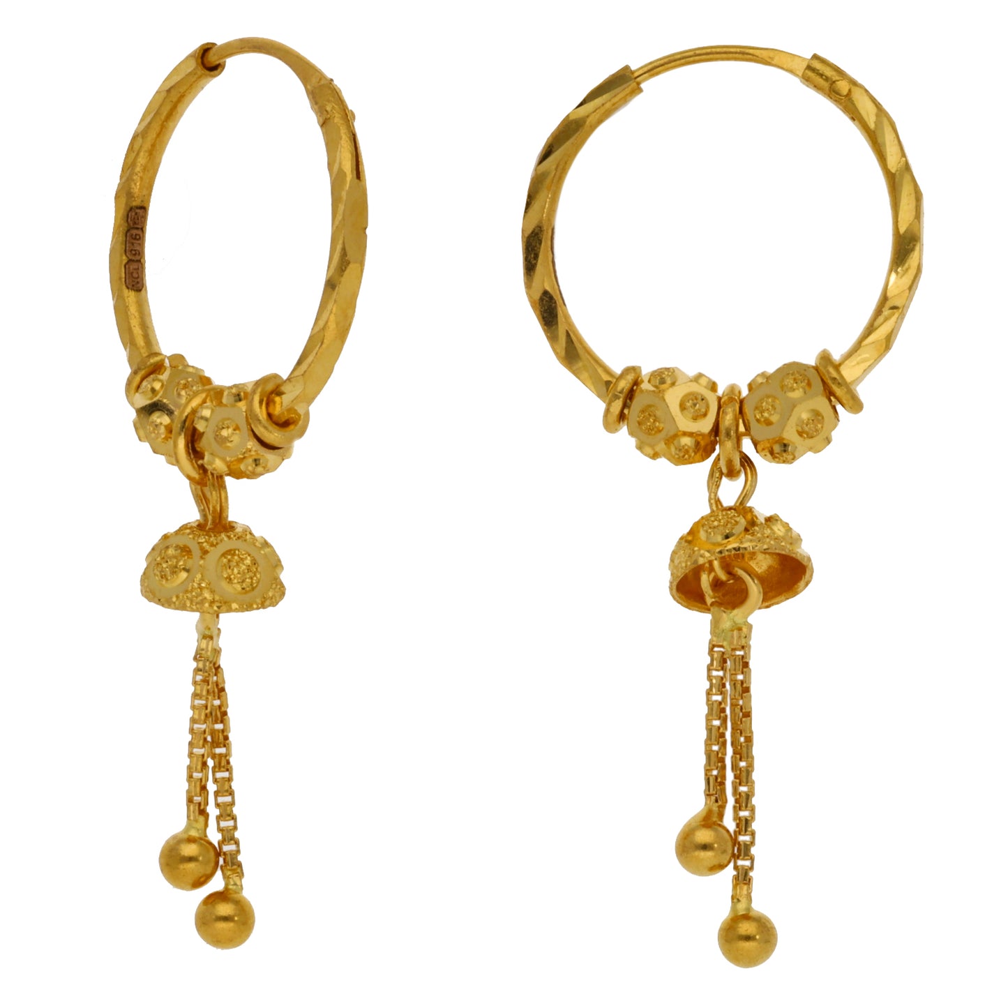 New 22ct Gold Bead Tassel Hoop Earrings