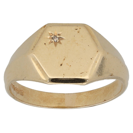 9ct Gold 0.005ct Diamond Patterned Signet Ring Size S