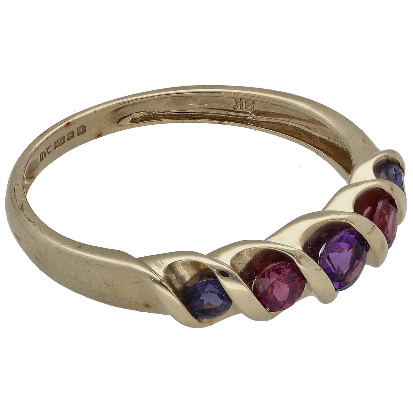 9ct gold half eternity ring with alternating purple, red and dark-blue bezel stones