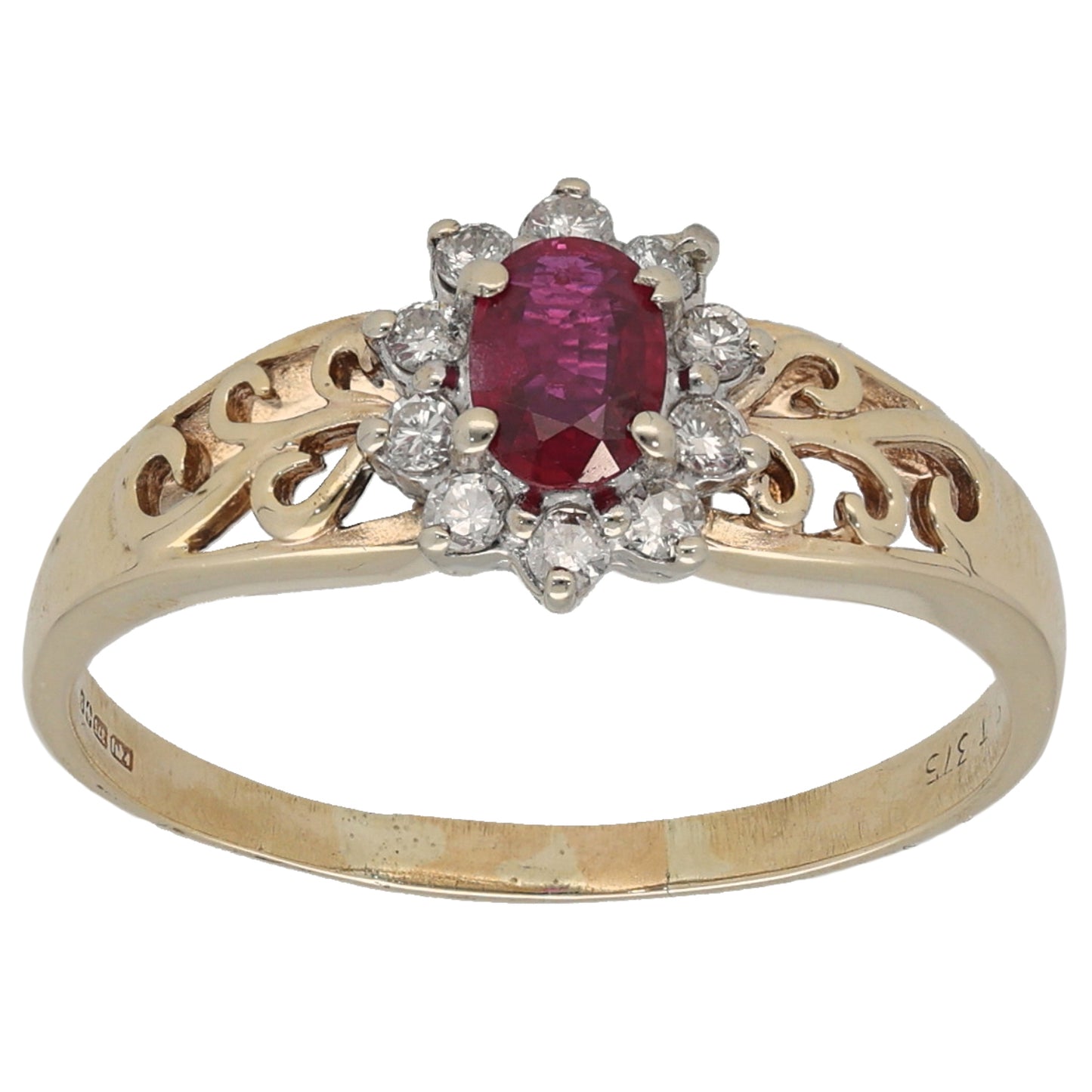 9ct Gold Ruby & 0.20ct Diamond Cluster Ring Size Q