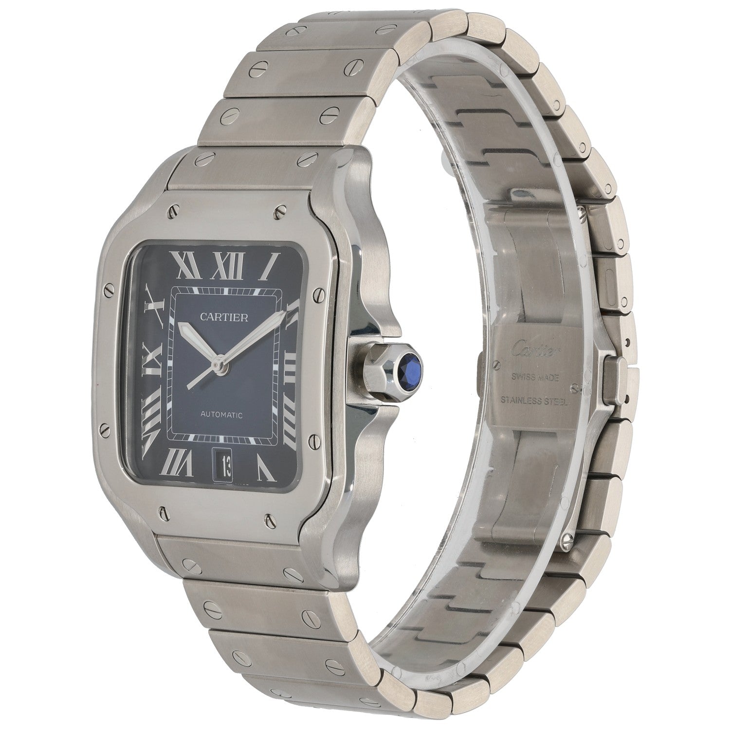 Cartier Santos WSSA0030 stainless steel watch angled view showing black dial and linked bracelet