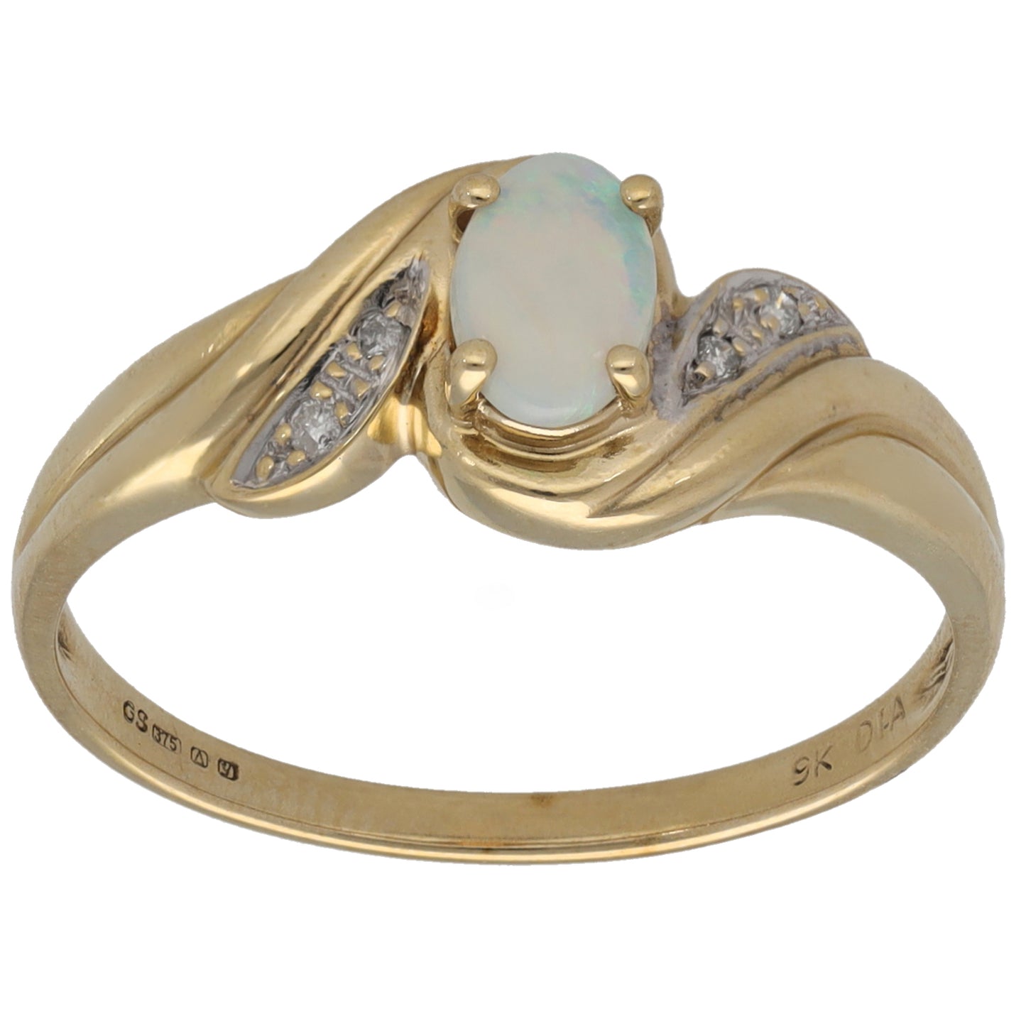 9ct Gold Opal & 0.02ct Diamond Single Stone Ring With Accents Size Q