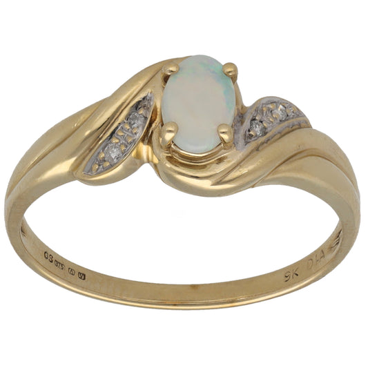 9ct Gold Opal & 0.02ct Diamond Single Stone Ring With Accents Size Q