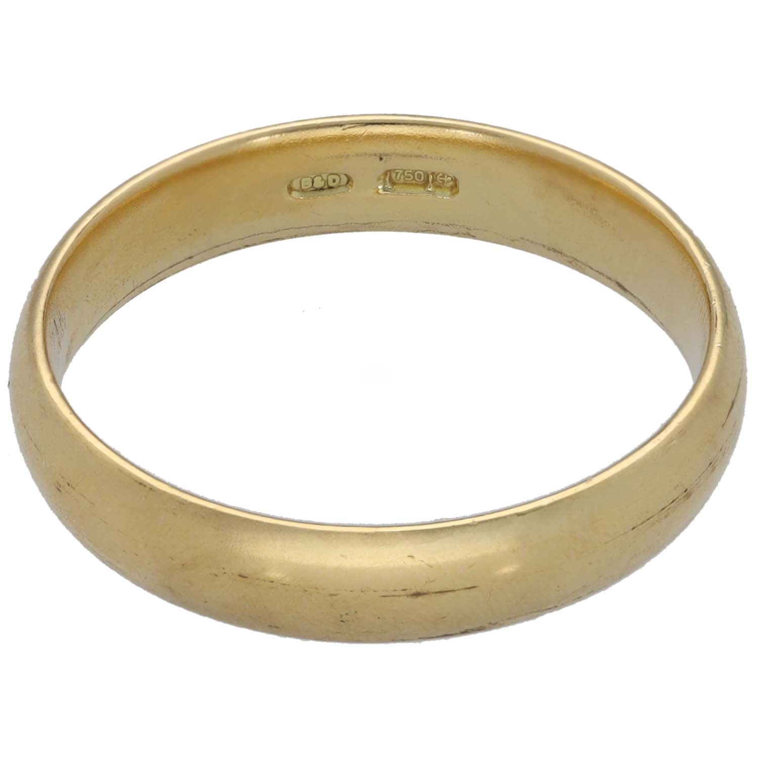 18ct gold plain wedding ring, interior hallmarks, size P