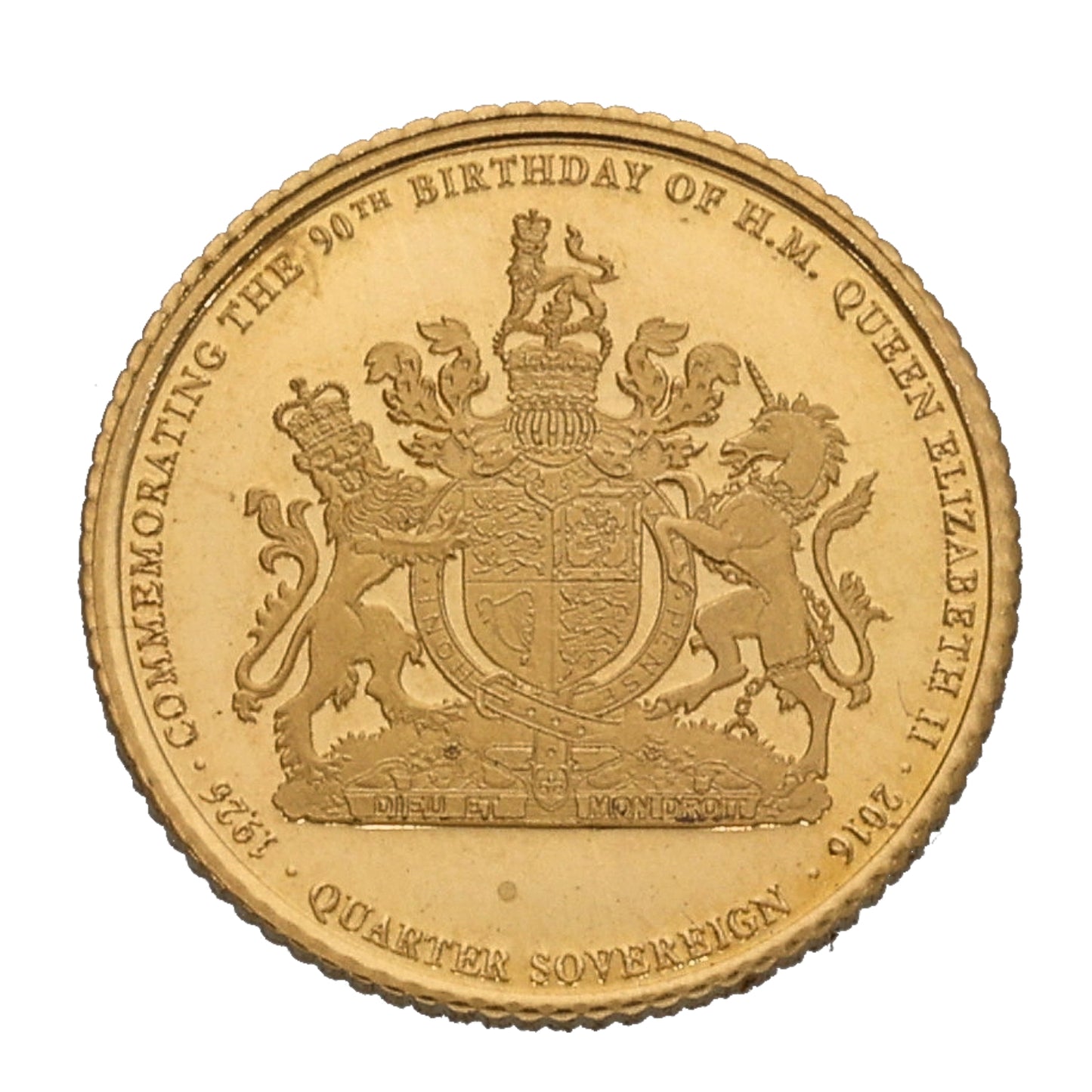 22ct Gold Commemorating The 90th Birthday Of Queen Elizabeth II Quarter Sovereign Coin 2016