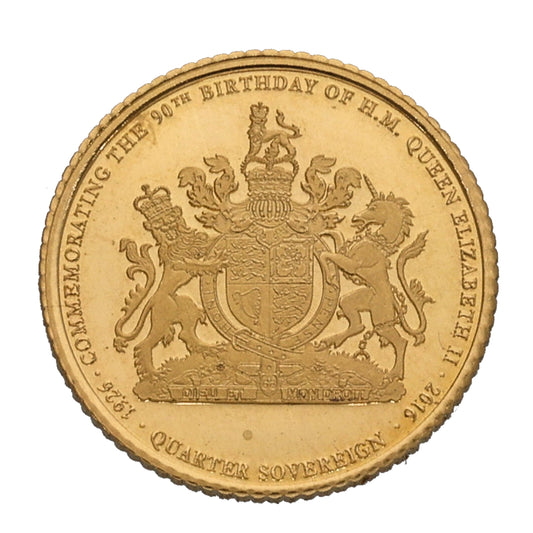 22ct Gold Commemorating The 90th Birthday Of Queen Elizabeth II Quarter Sovereign Coin 2016