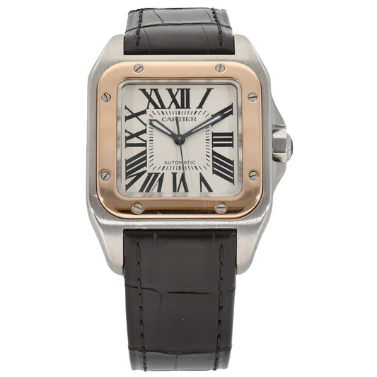 Cartier Santos 100 2878 stainless steel watch with black leather strap, gold-toned square dial