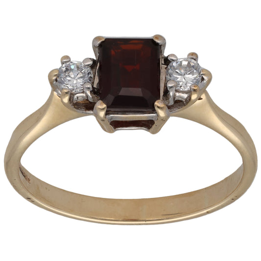9ct Gold Garnet & Cubic Zirconia Three Stone Ring Size S
