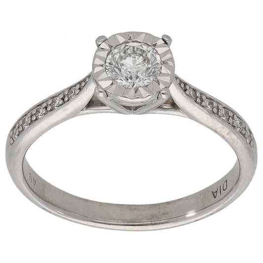 9ct White Gold 0.40ct Diamond Solitaire Ring With Accent Stones Size M