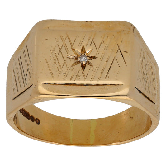 9ct gold signet ring with patterned engraving and round diamond centerpiece