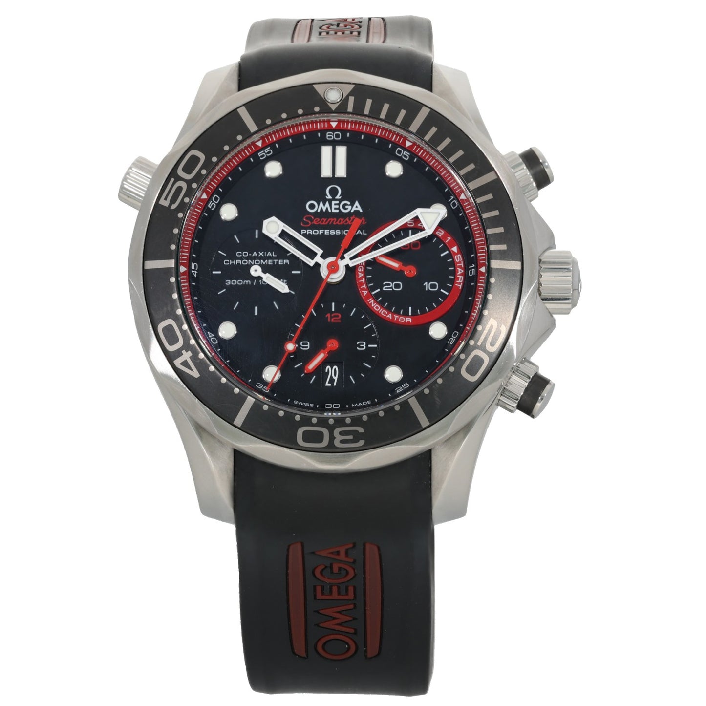 Omega Seamaster Diver 212.32.44.50.01.001, black and red dial on black rubber bracelet