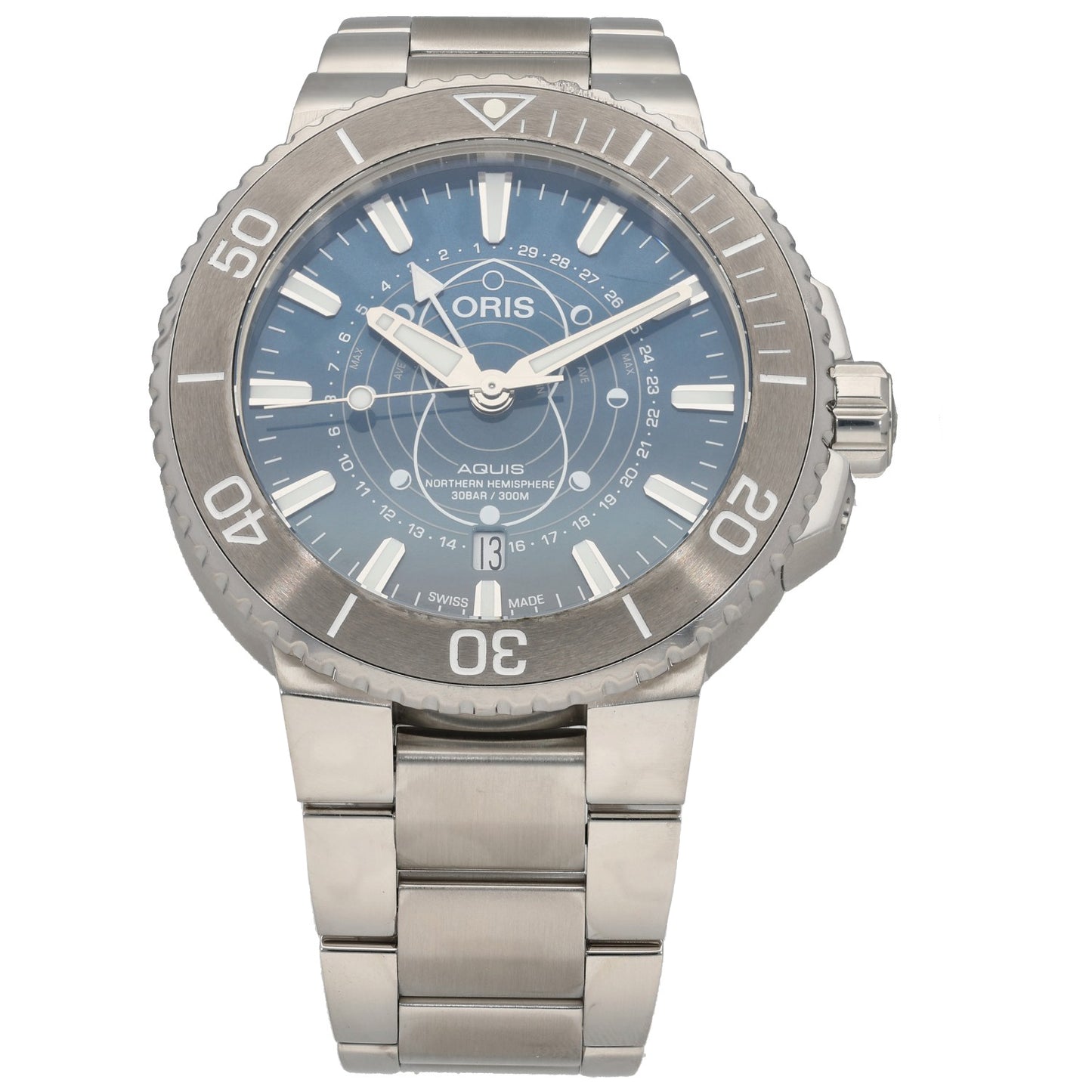 Oris Aquis 01 761 7765 4185 Stainless steel diver watch with blue dial, bezel markers, and metal bracelet