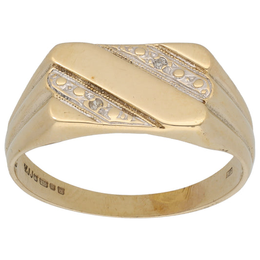 9ct Gold 0.01ct Diamond Patterned Signet Ring Size V