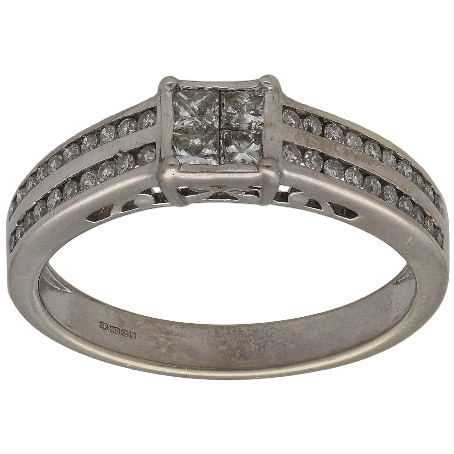 9ct white gold princess and round diamond cluster ring with split shoulders