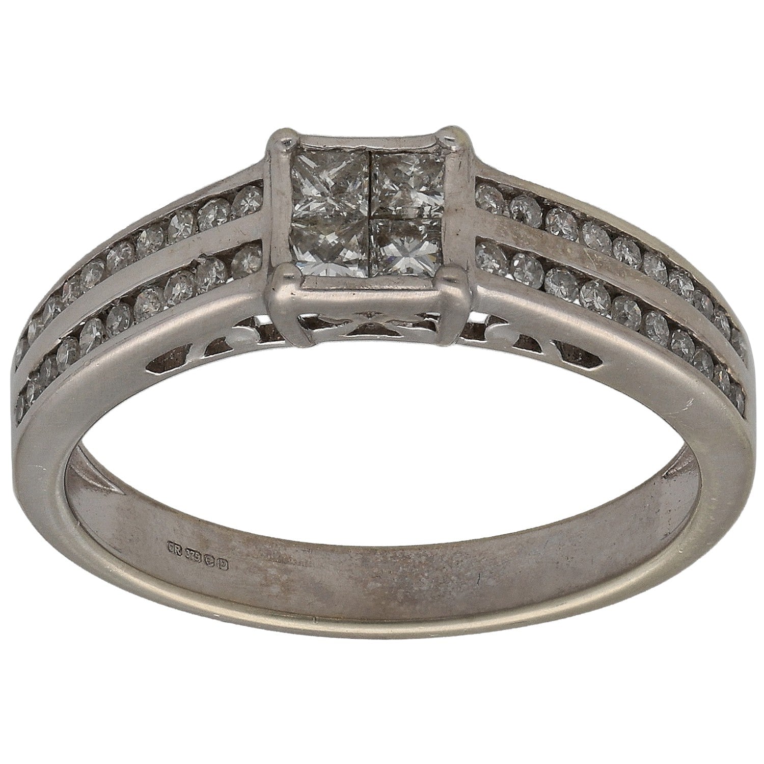 9ct white gold princess and round diamond cluster ring with split shoulders