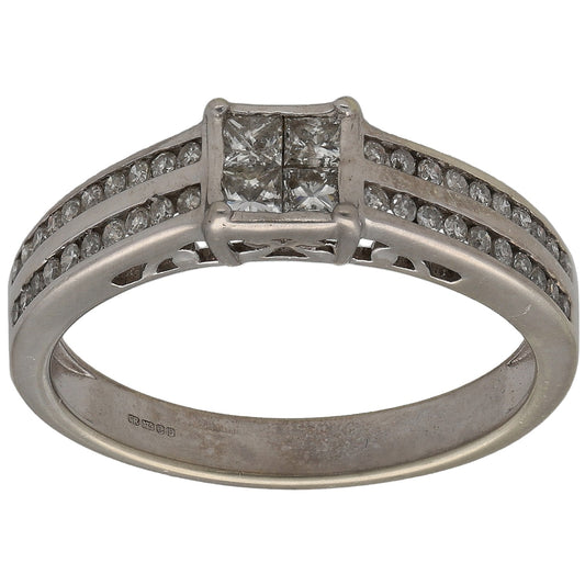 9ct white gold princess and round diamond cluster ring with split shoulders